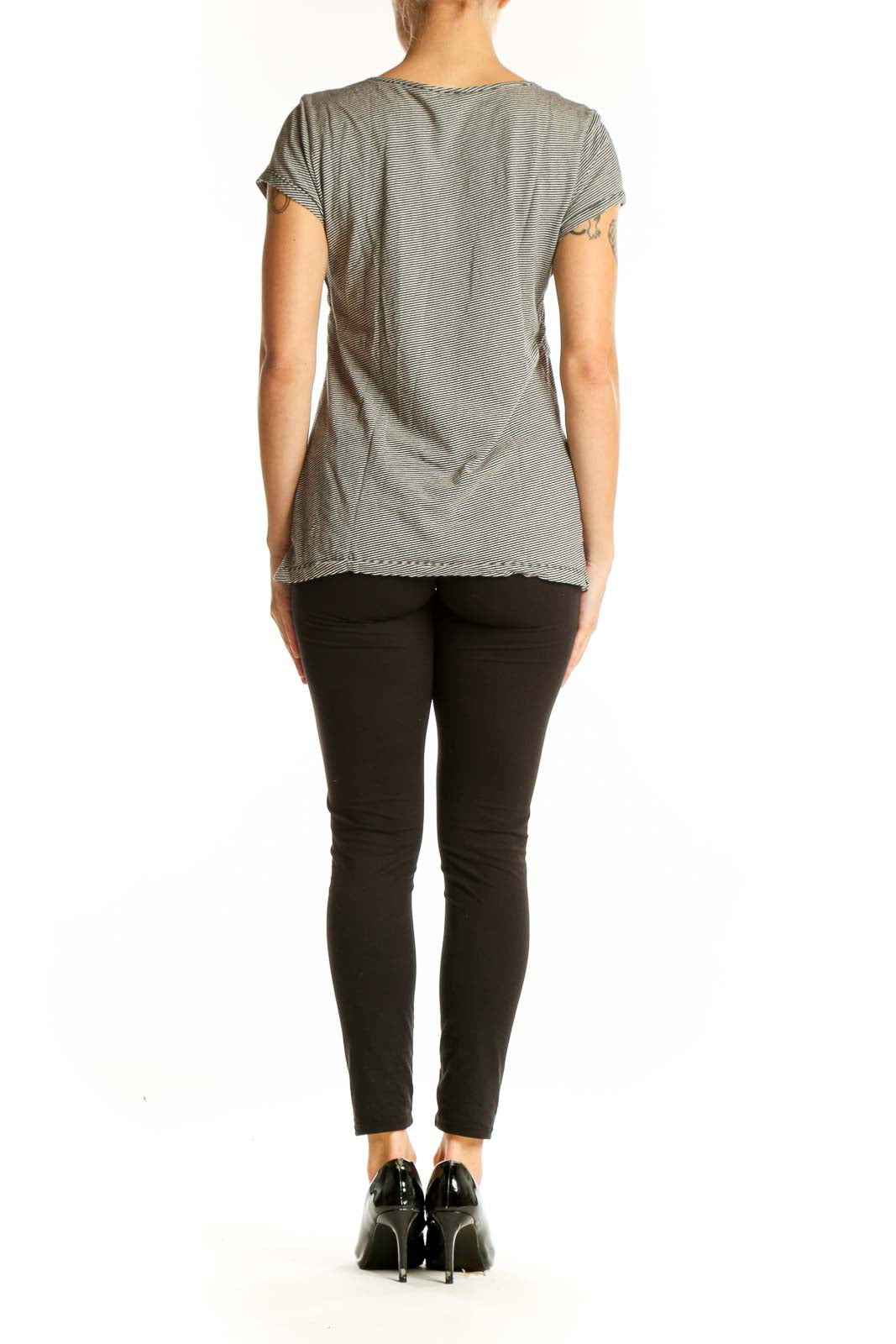 Side view of Ann Taylor gray striped top showing empire waist design
