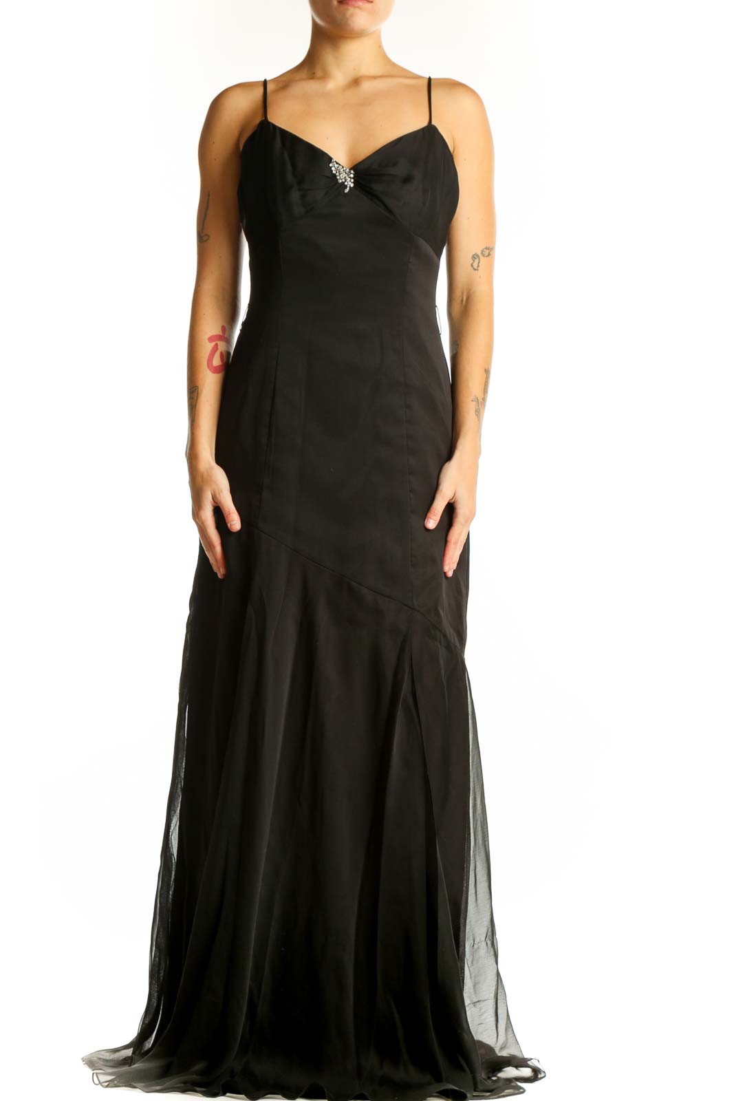 Front view of black Belsoie floor-length gown with sweetheart neckline