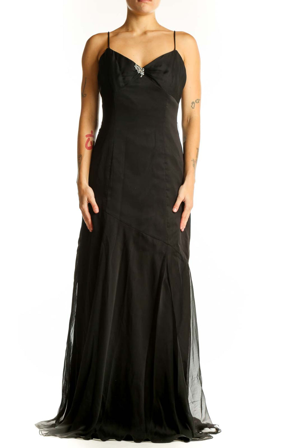Front view of black Belsoie floor-length gown with sweetheart neckline