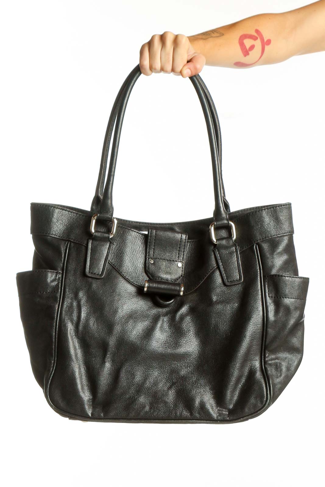 Front view of Milly black leather tote bag with double handles