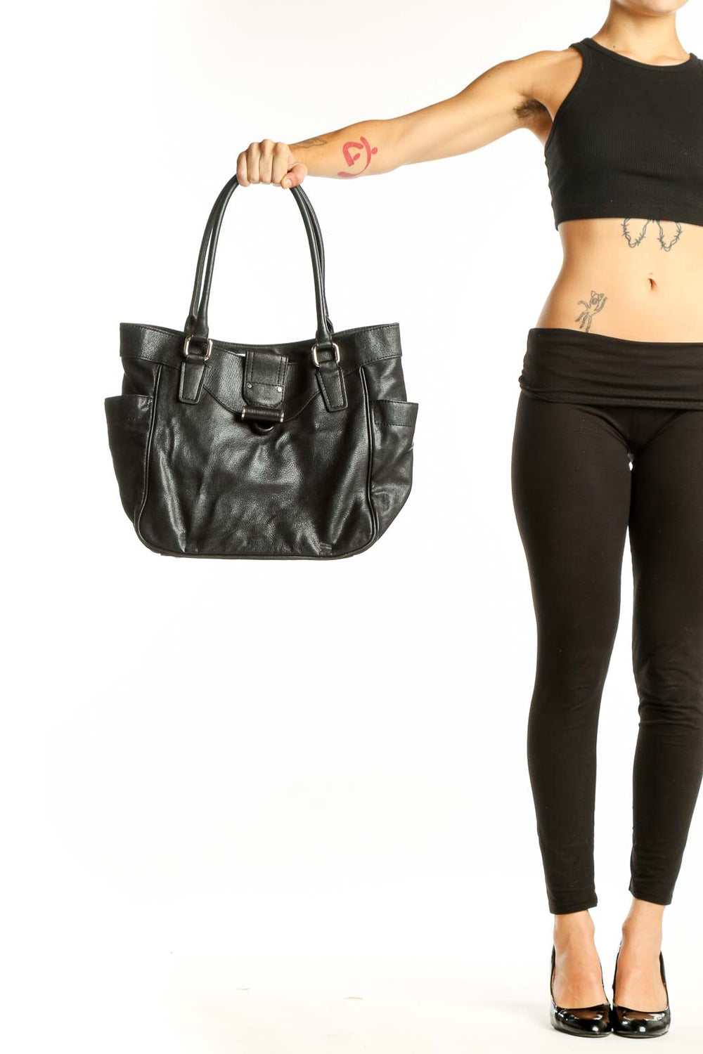 Front view of Milly black leather tote bag with double handles