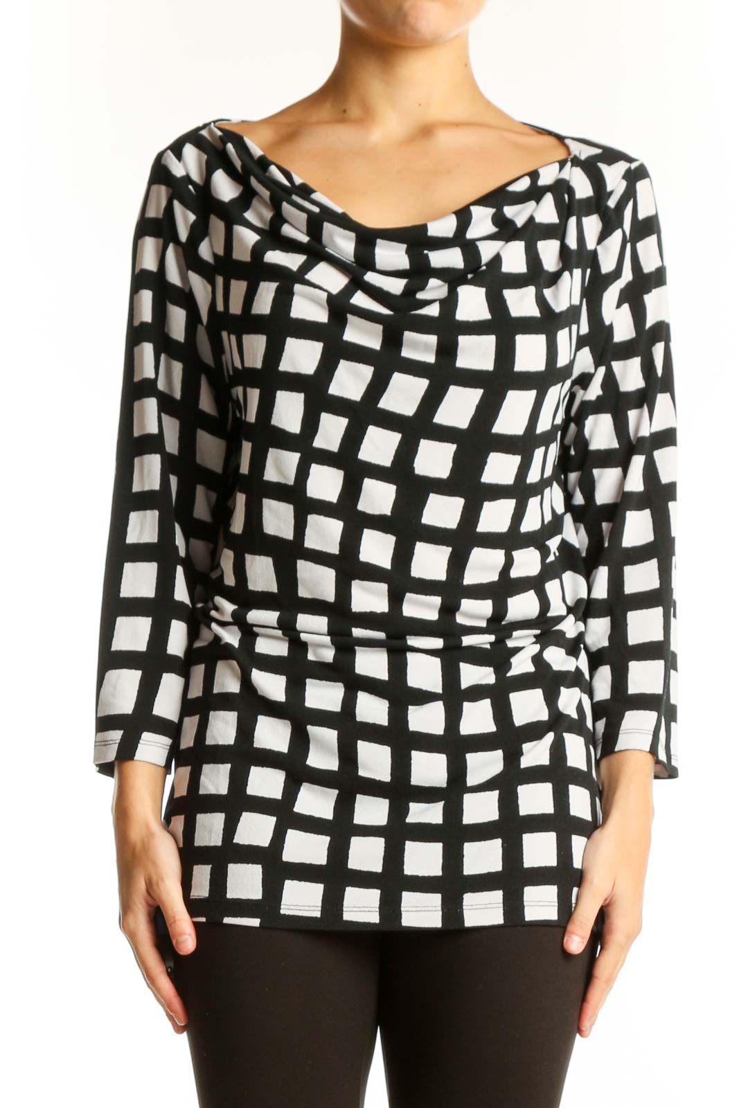 Front view of Ann Taylor black and white geometric print top with cowl neck