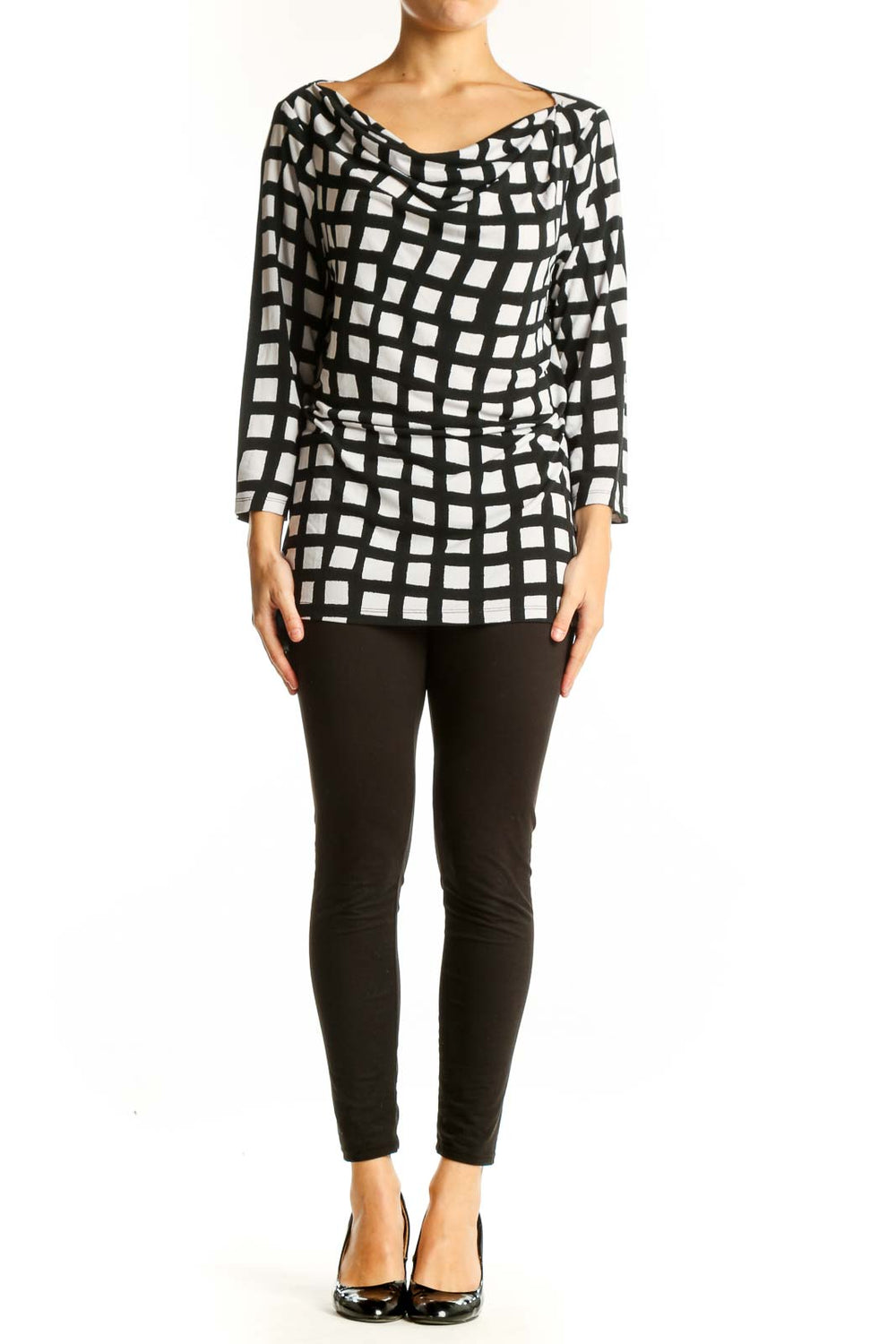 Front view of Ann Taylor black and white geometric print top with cowl neck