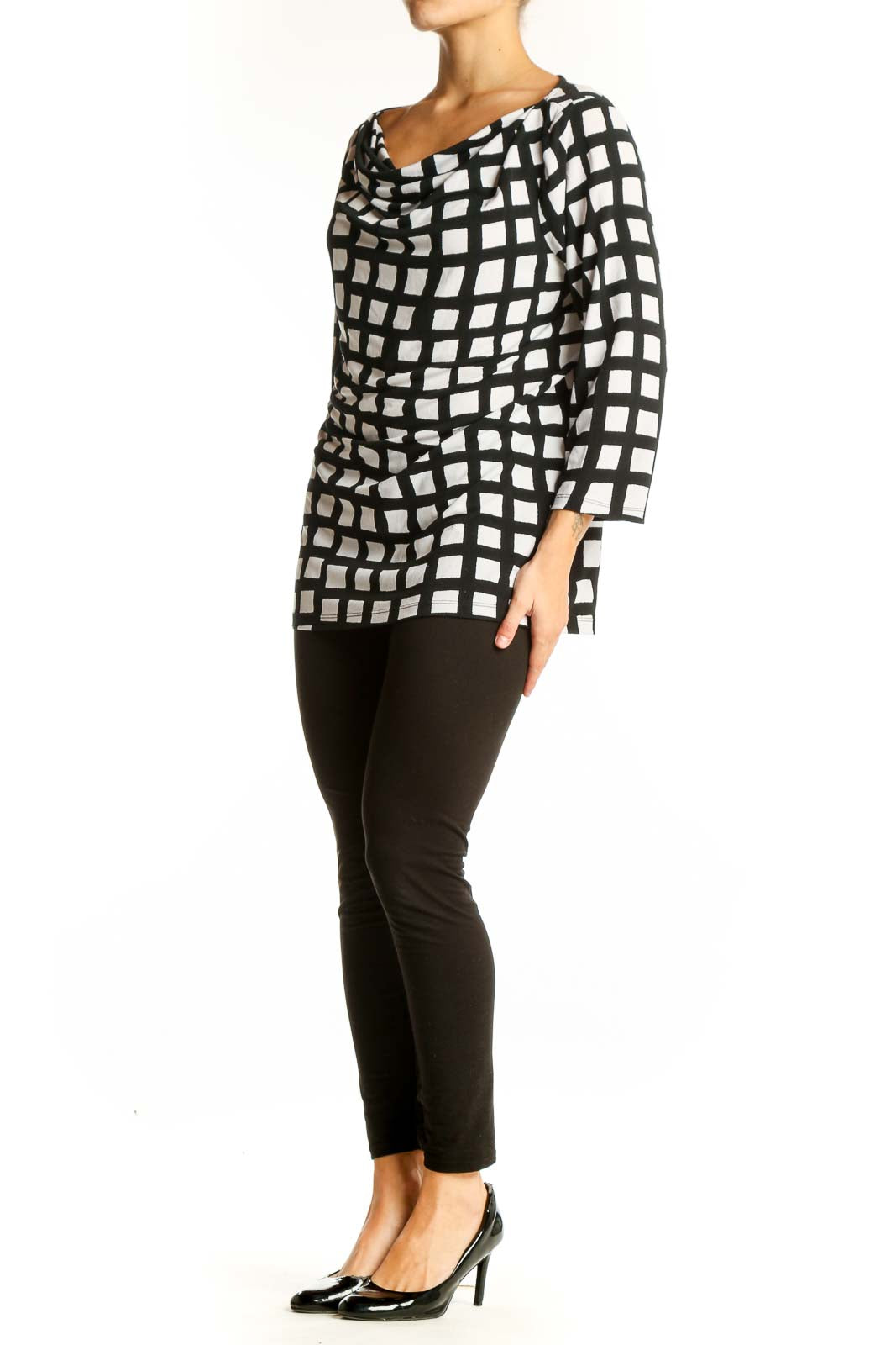 Front view of Ann Taylor black and white geometric print top with cowl neck