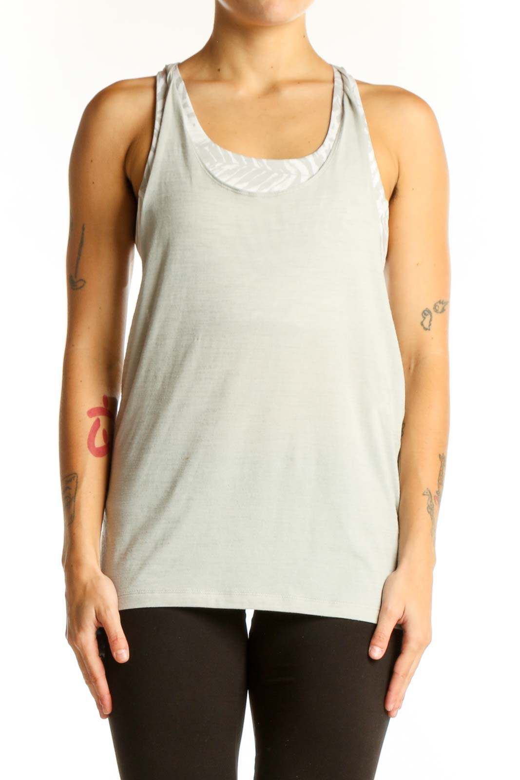 Front view of light gray Lululemon racerback athletic tank top