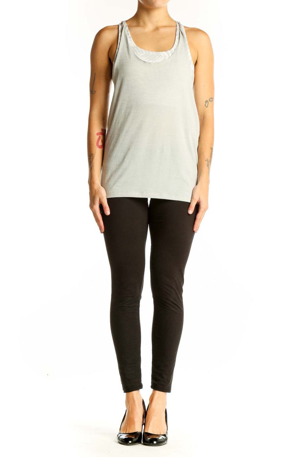 Front view of light gray Lululemon racerback athletic tank top