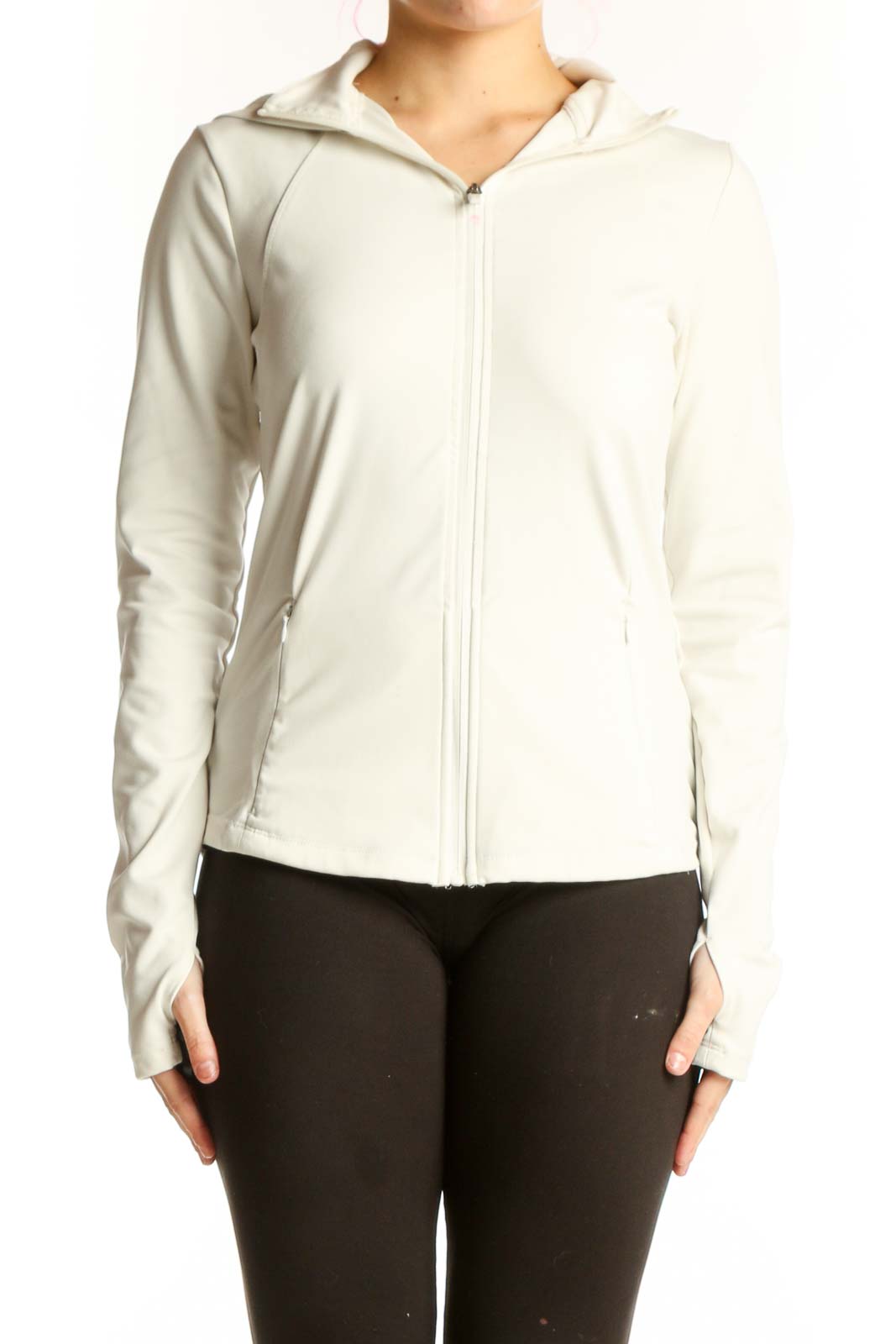 Cream zip-up hooded athletic jacket by Jockey, front view showing fitted silhouette and full-length zipper