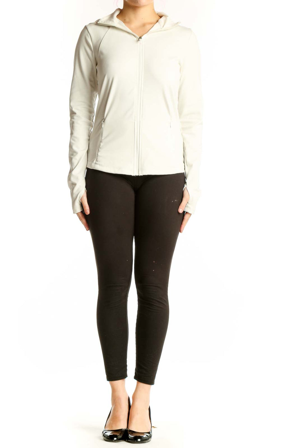 Cream zip-up hooded athletic jacket by Jockey, front view showing fitted silhouette and full-length zipper