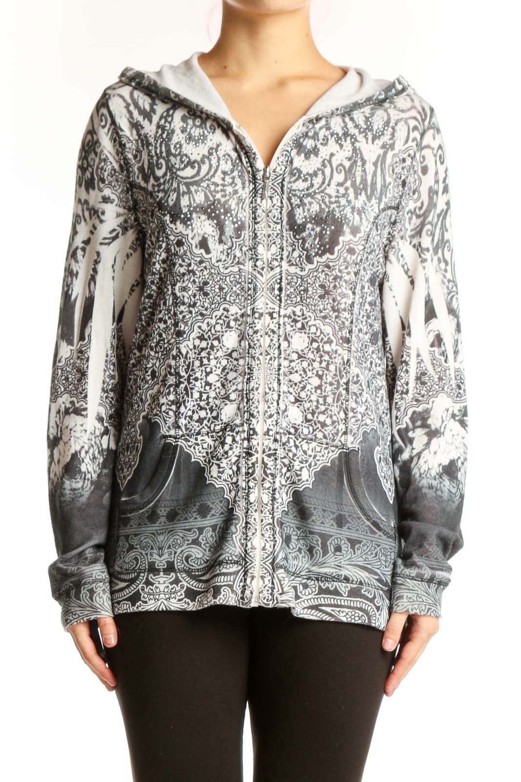 Gray paisley zip-up hooded jacket with ornamental print and drawstring hood, front view
