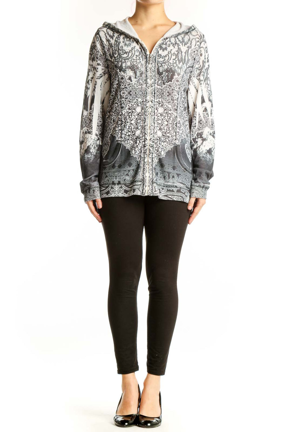 Gray paisley zip-up hooded jacket with ornamental print and drawstring hood, front view