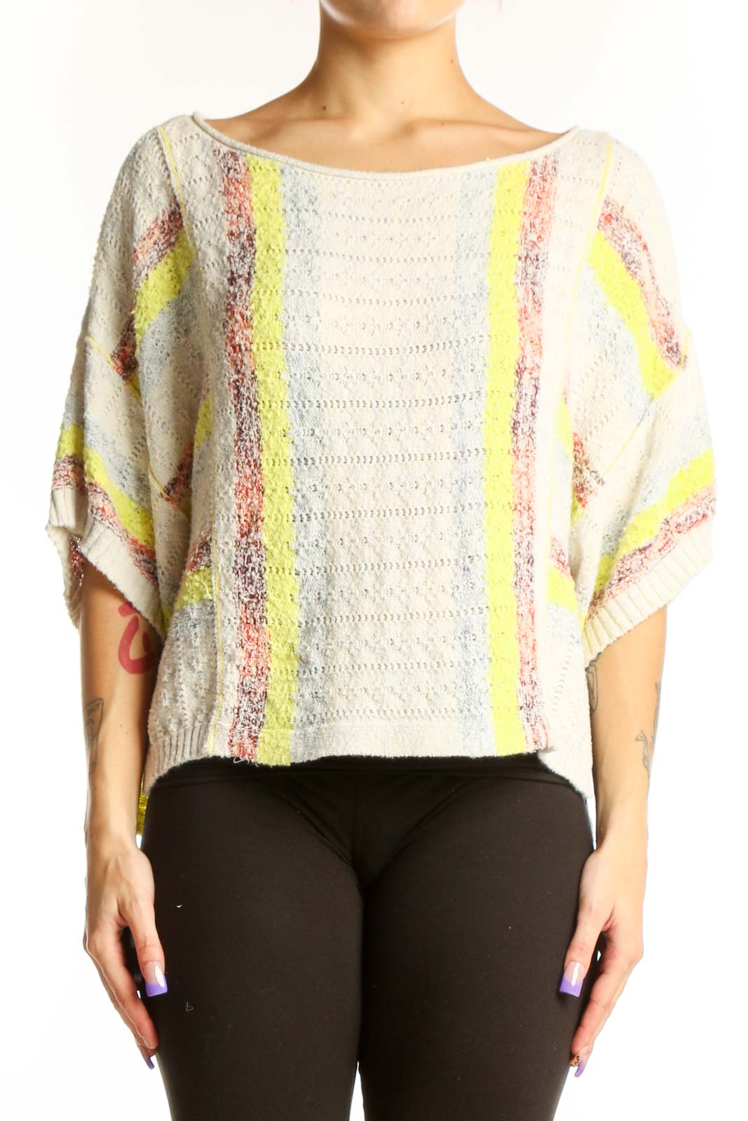 Pilcro cream knit top with neon yellow and mauve horizontal stripes, oversized fit with flutter sleeves, front view