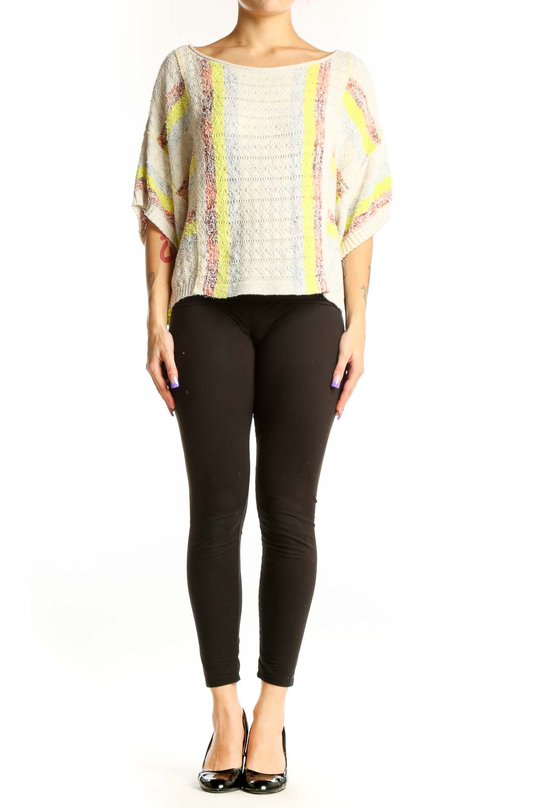 Pilcro cream knit top with neon yellow and mauve horizontal stripes, oversized fit with flutter sleeves, front view