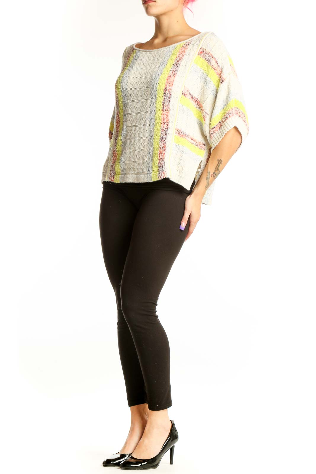 Pilcro cream knit top with neon yellow and mauve horizontal stripes, oversized fit with flutter sleeves, front view