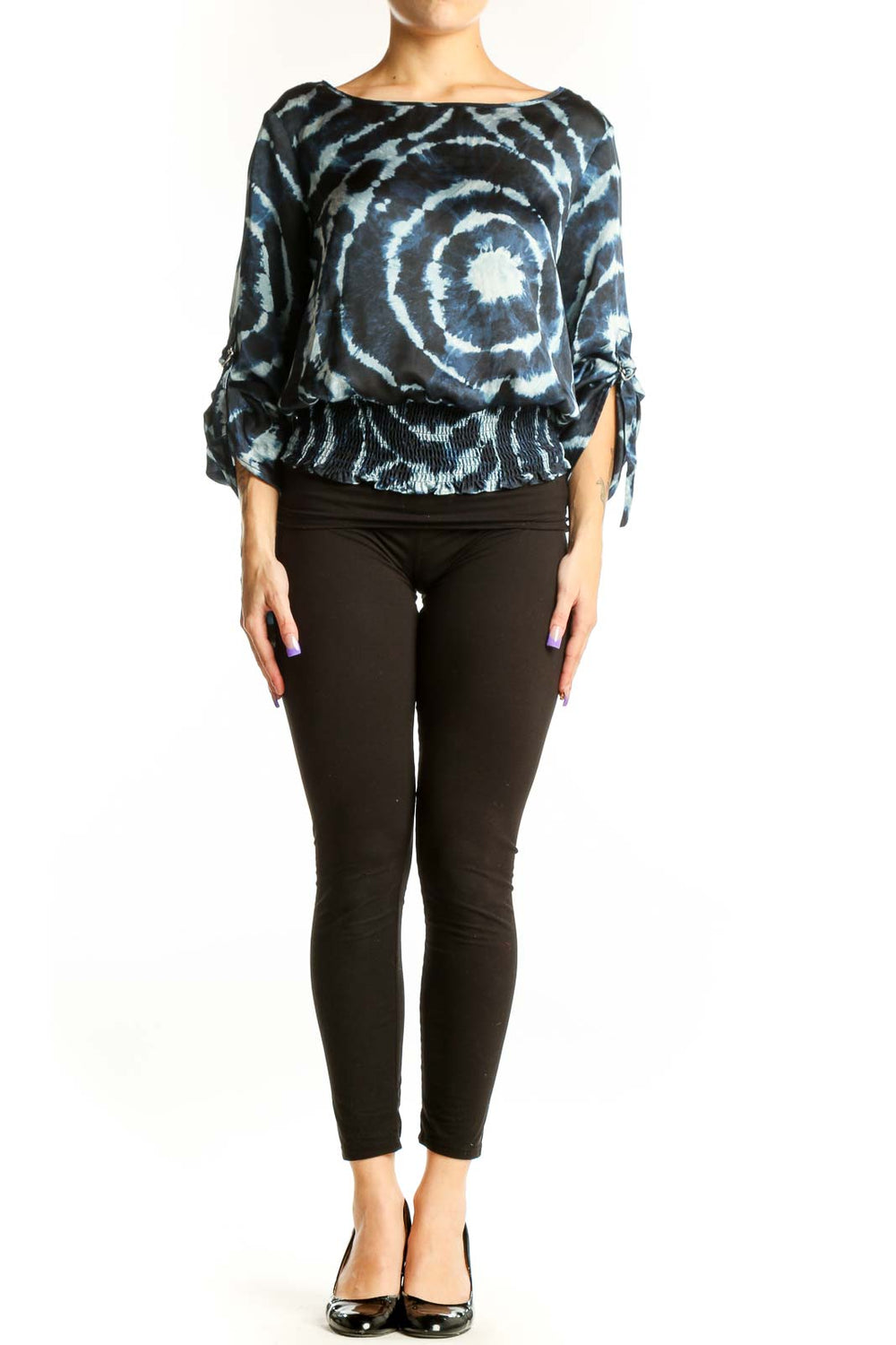 Navy tie-dye spiral print blouse with tie sleeves and gathered waistband, front view