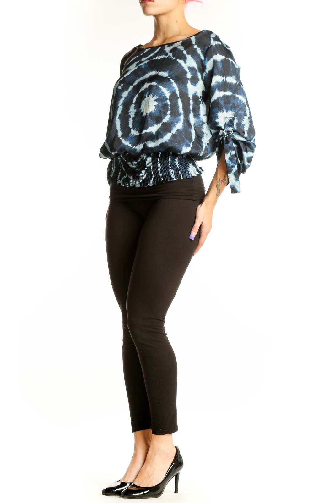 Navy tie-dye spiral print blouse with tie sleeves and gathered waistband, front view