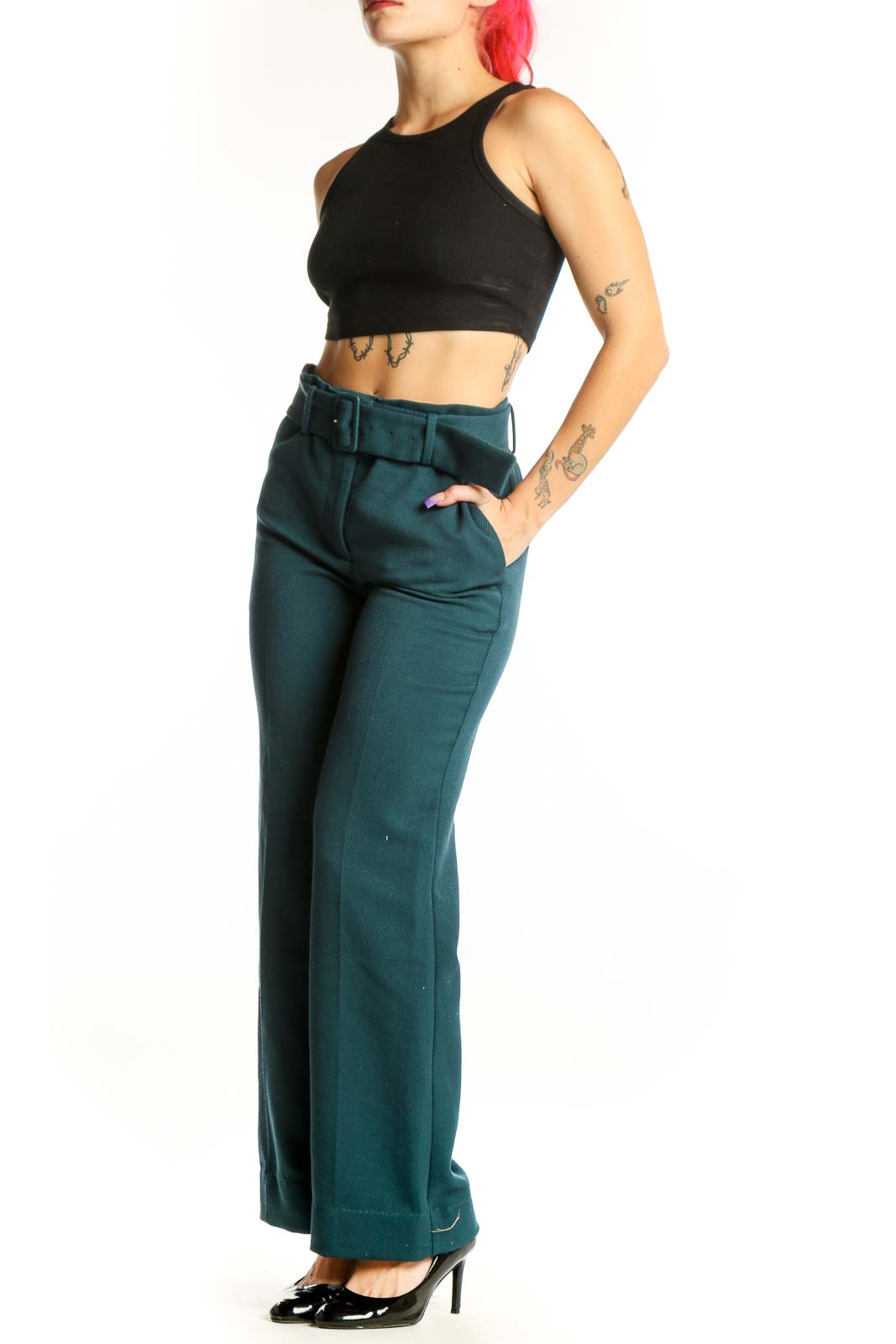 Front view of teal belted wide-leg dress pants with structured waist belt and high-waisted cut