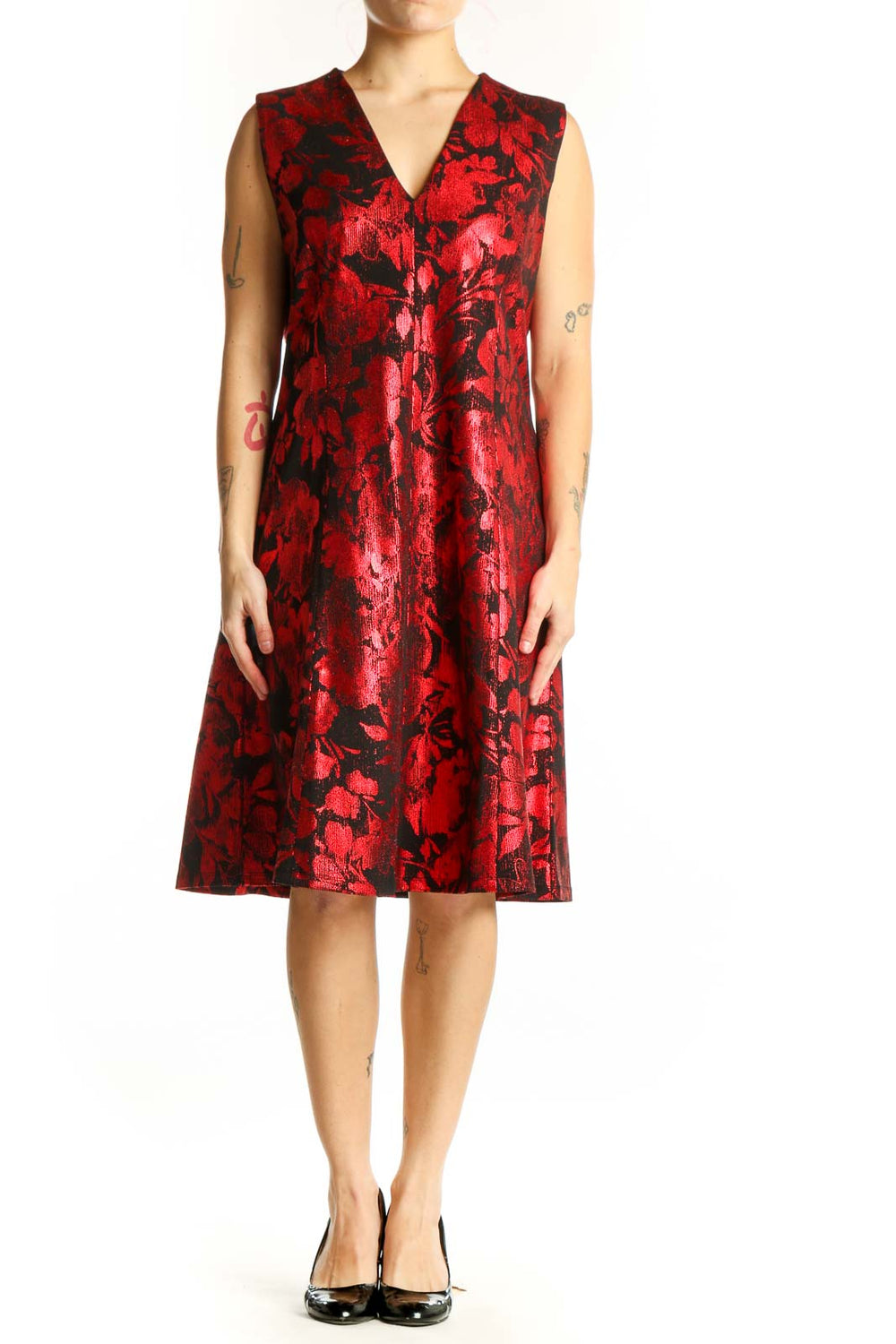 Red and black floral jacquard A-line dress with V-neckline and sleeveless design, front view