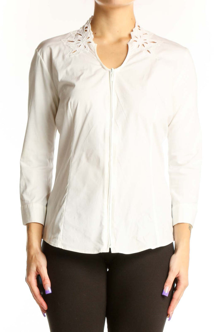 White cotton button-up blouse with cutout collar detail by Anne Fontaine, front view