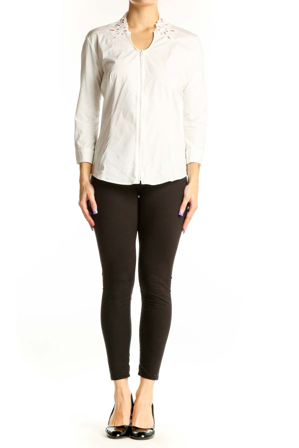 White cotton button-up blouse with cutout collar detail by Anne Fontaine, front view