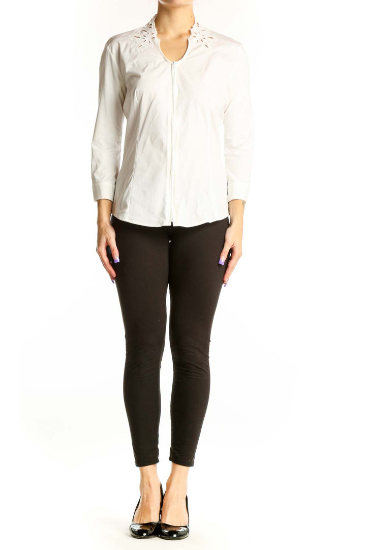 White cotton button-up blouse with cutout collar detail by Anne Fontaine, front view