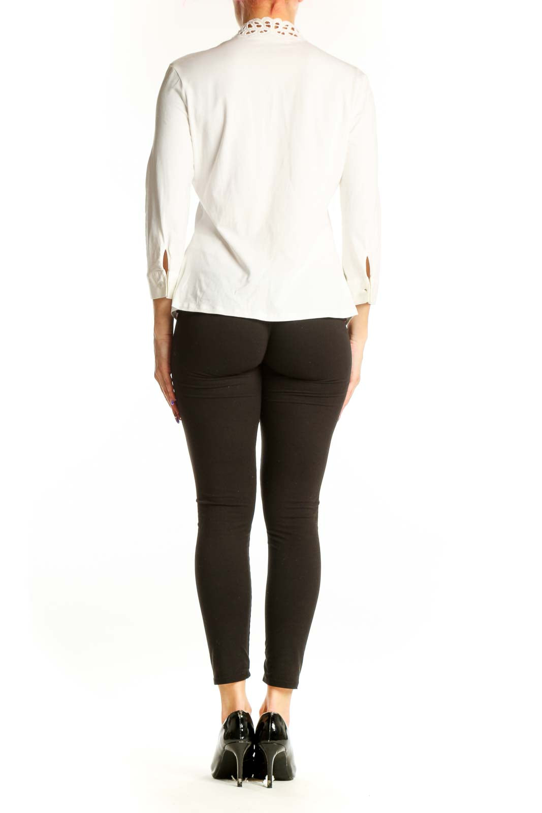 White cotton button-up blouse with cutout collar detail by Anne Fontaine, back view