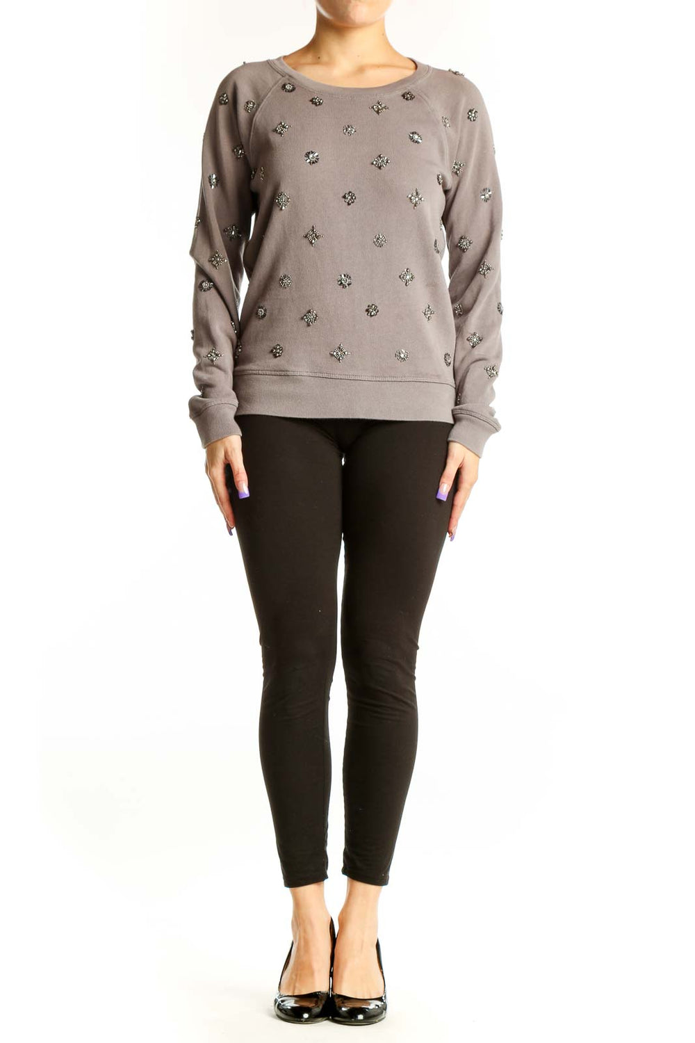 Front view of taupe J.Crew cotton sweatshirt with metallic embellished starburst pattern, crew neckline, long sleeves