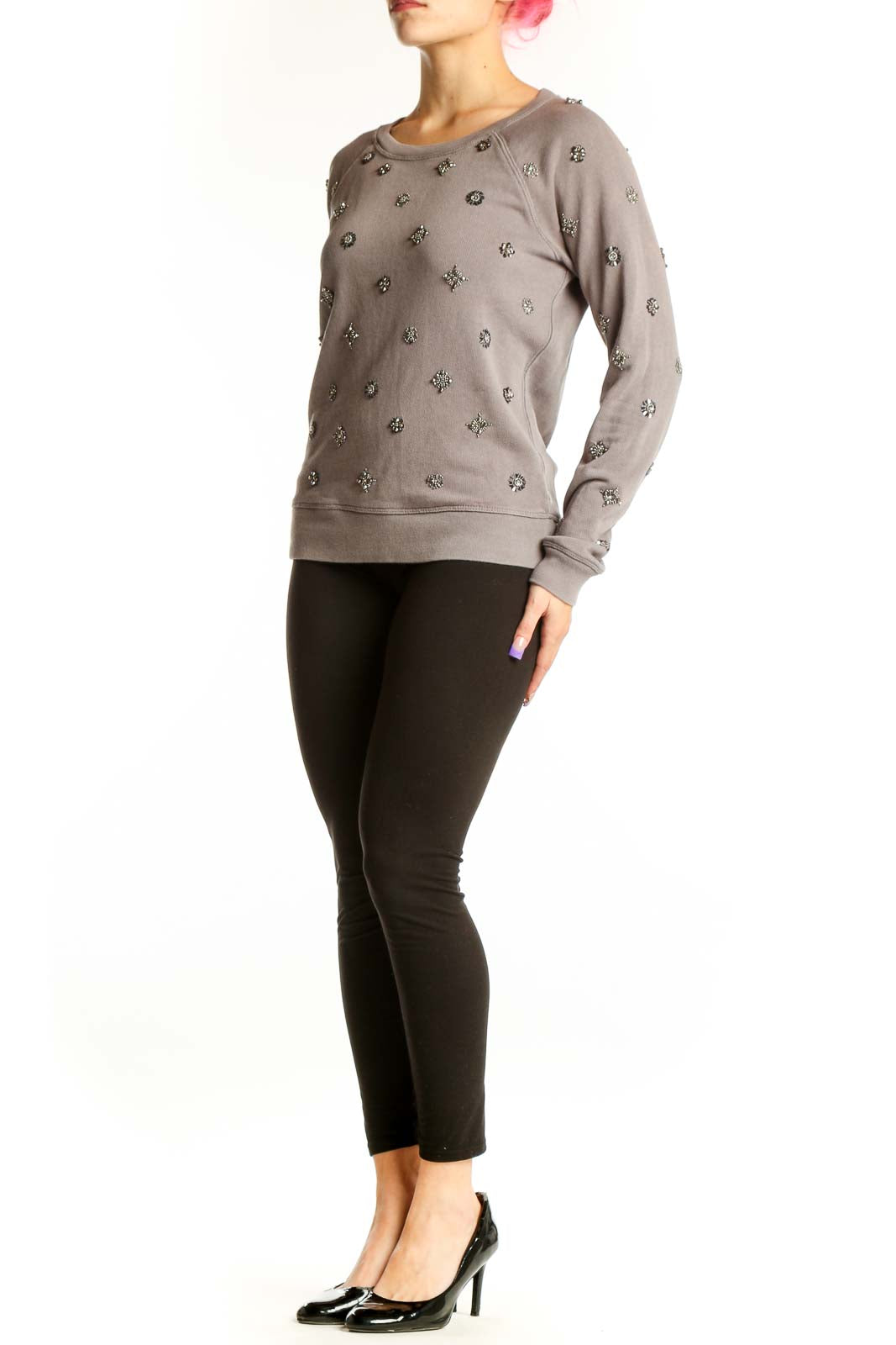 Front view of taupe J.Crew cotton sweatshirt with metallic embellished starburst pattern, crew neckline, long sleeves