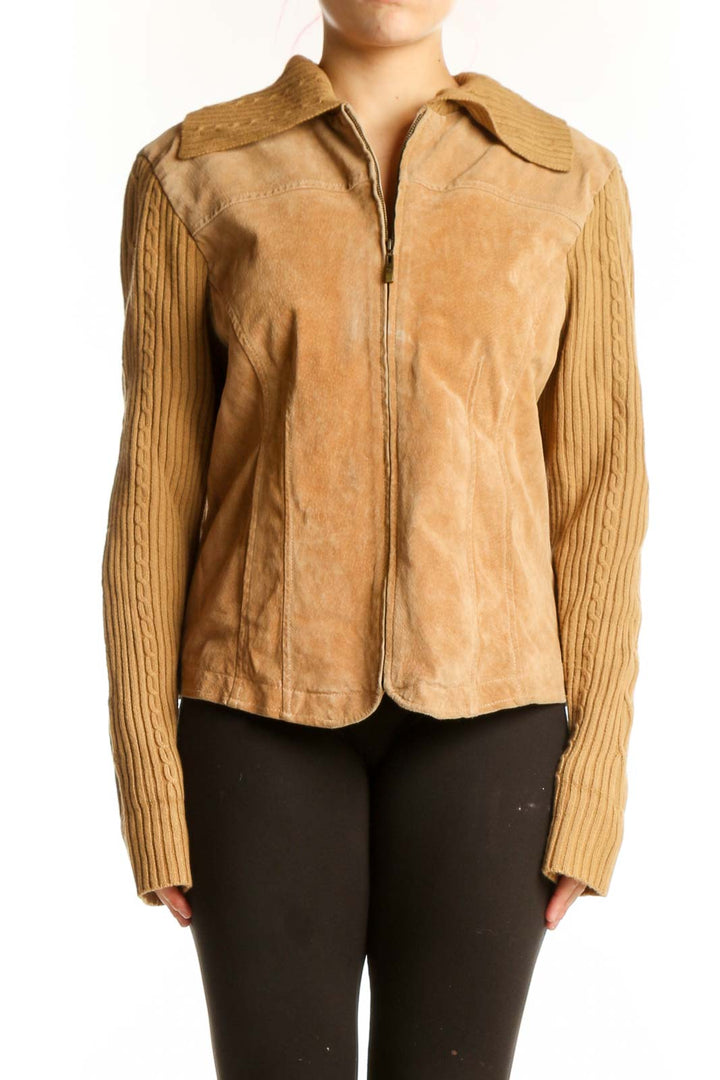 Front view of tan leather jacket with ribbed acrylic sleeves and zip closure by Live a Little