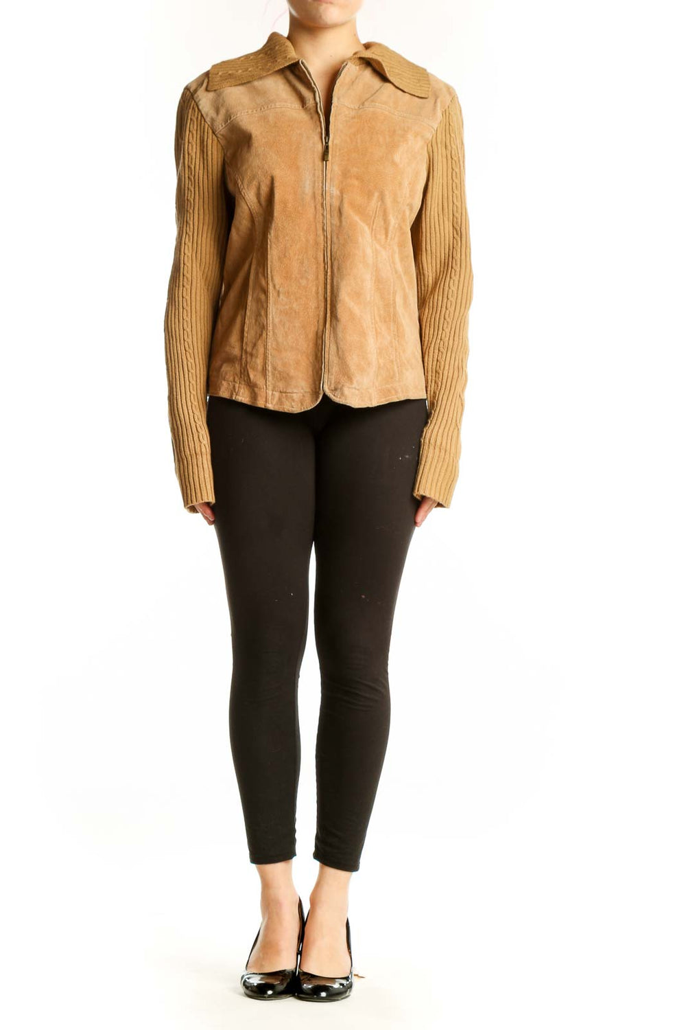 Front view of tan leather jacket with ribbed acrylic sleeves and zip closure by Live a Little