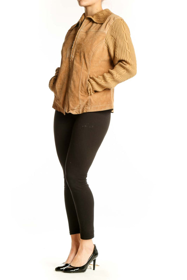 Front view of tan leather jacket with ribbed acrylic sleeves and zip closure by Live a Little