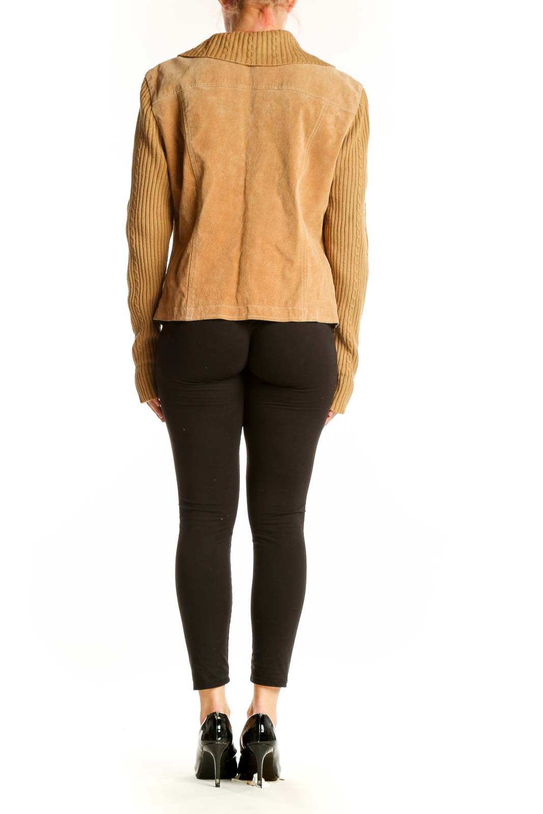 Back view of tan leather jacket with ribbed acrylic sleeves showing fitted silhouette