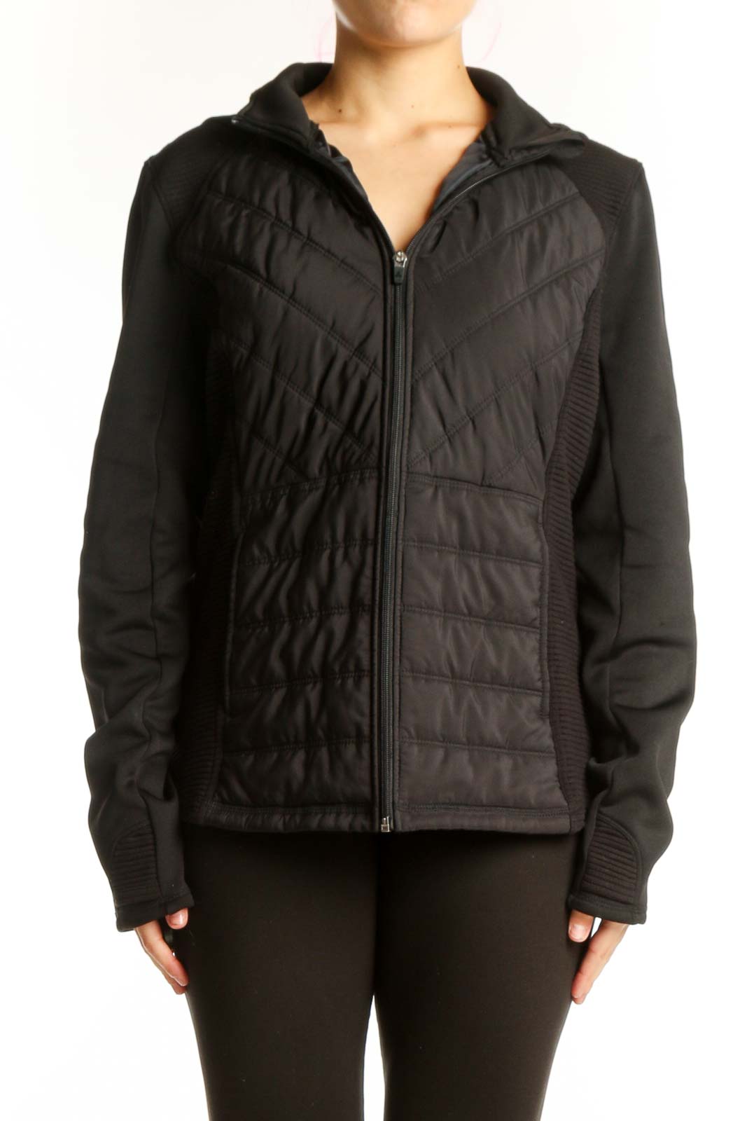 Black quilted hybrid puffer jacket with knit sleeves and full-zip closure, front view
