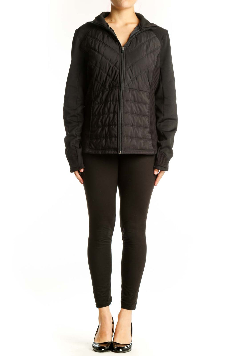 Black quilted hybrid puffer jacket with knit sleeves and full-zip closure, front view