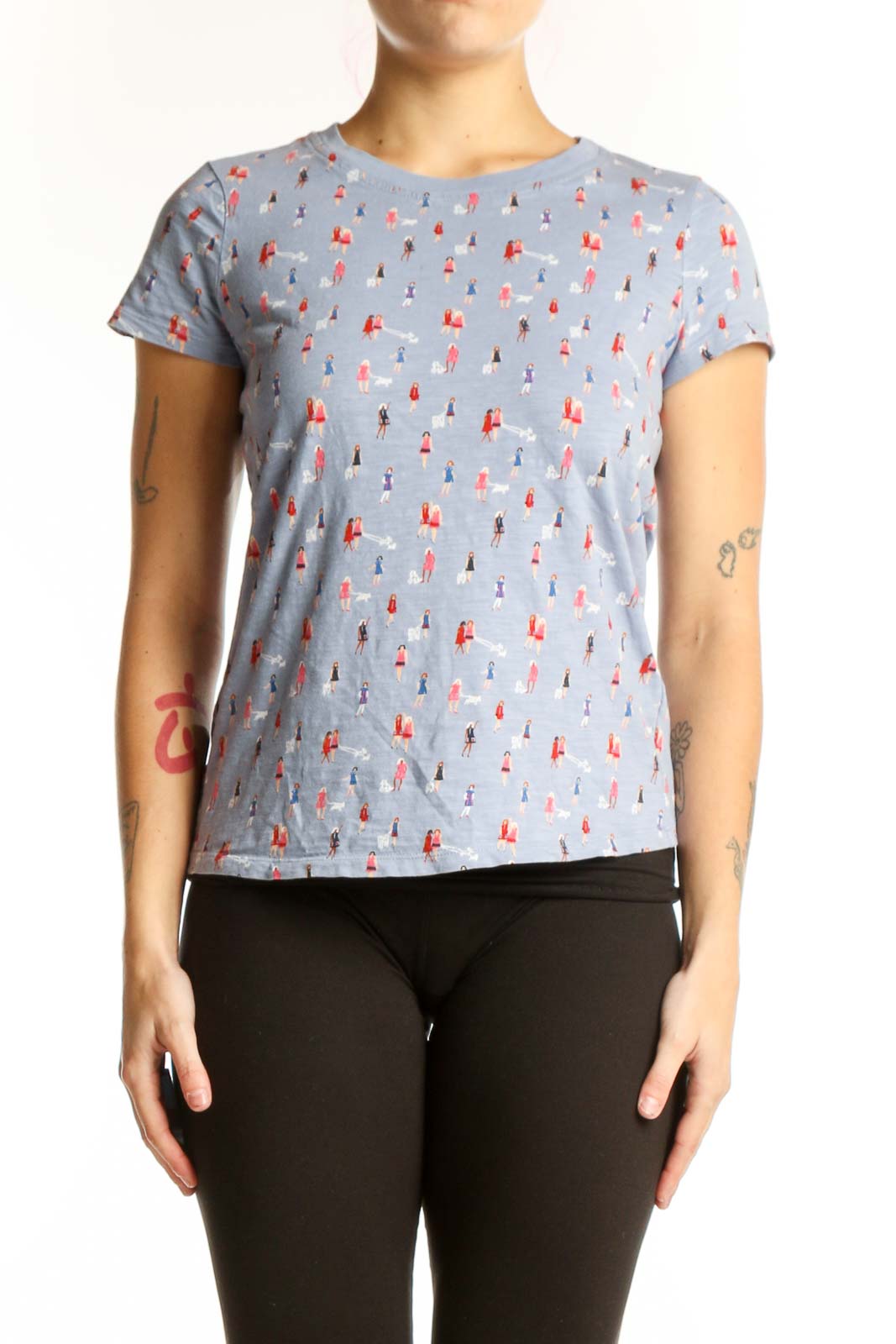 Blue printed cotton short sleeve tee by Boden with red and white whimsical motif, front view on model