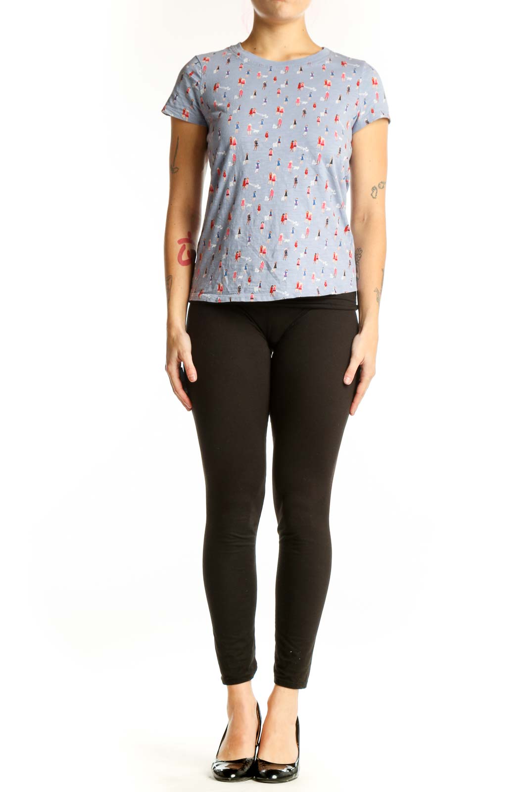 Blue printed cotton short sleeve tee by Boden with red and white whimsical motif, front view on model