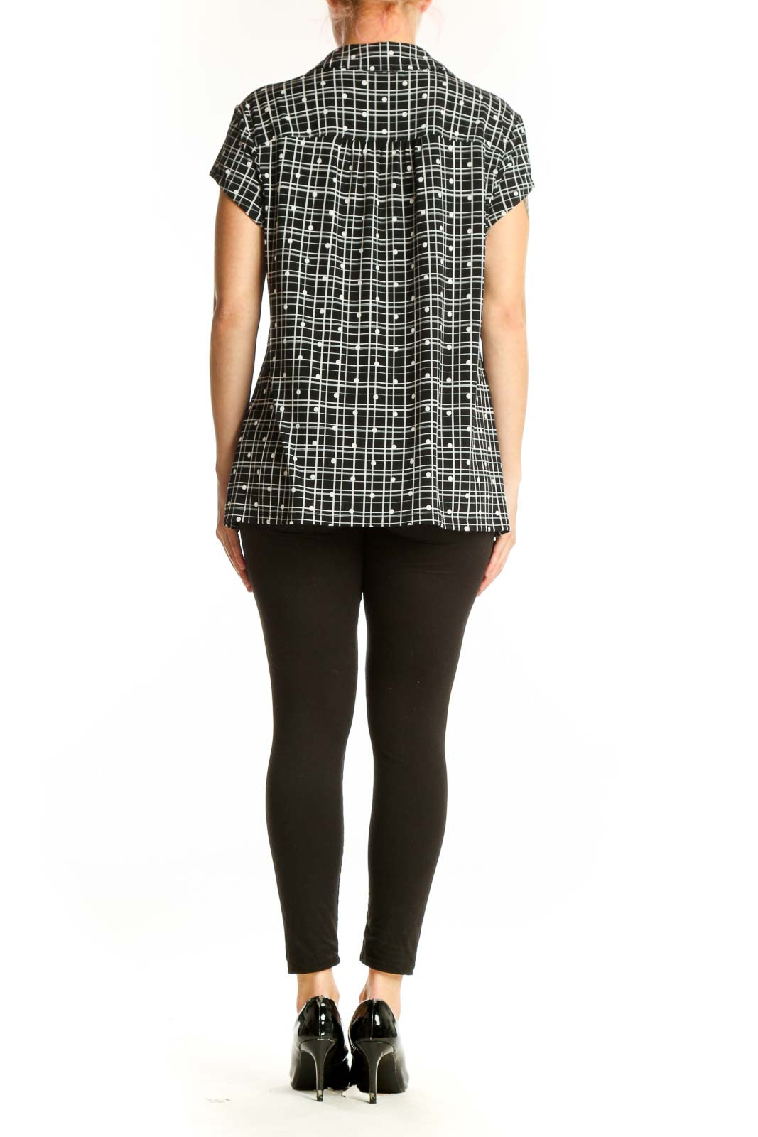 Black and white grid pattern short sleeve button-up shirt, back view showing relaxed fit