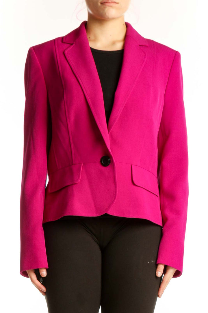 Front view of magenta Kasper blazer with single-button closure and notched lapels on model