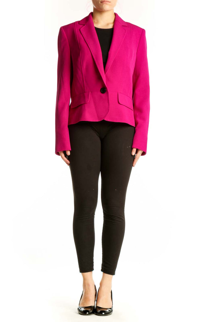 Front view of magenta Kasper blazer with single-button closure and notched lapels on model