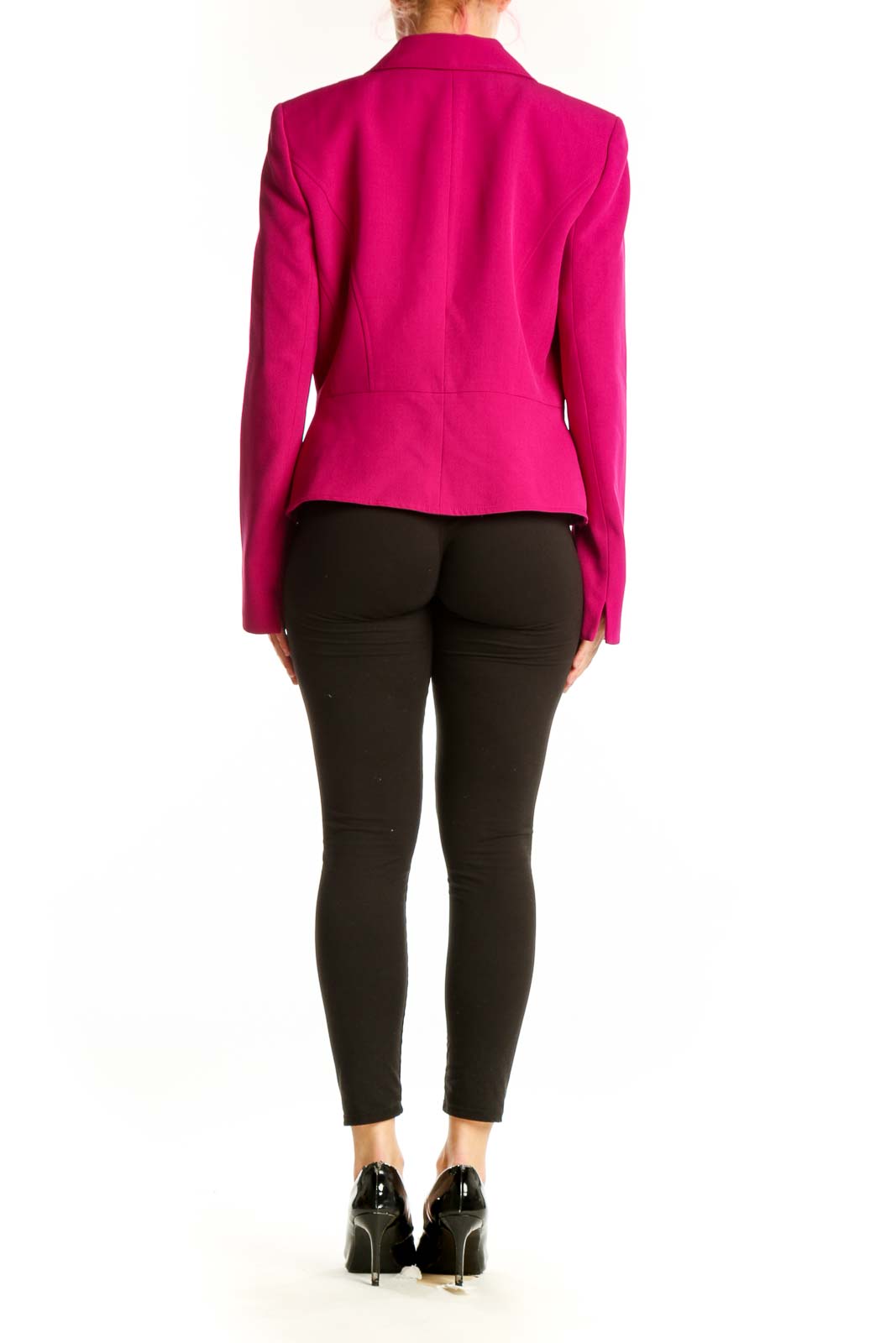 Back view of magenta Kasper cropped blazer showing tailored fit and structured design
