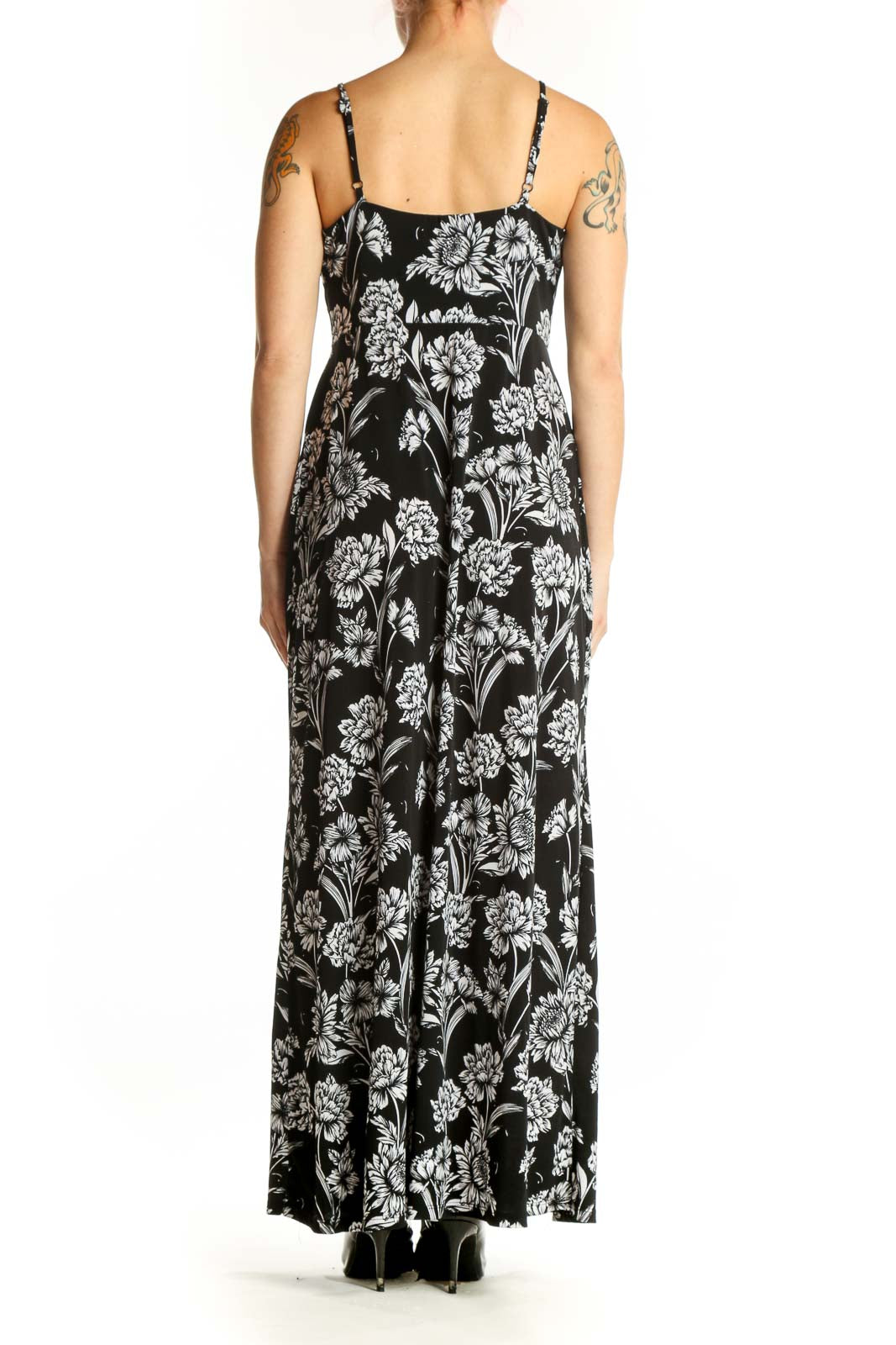 Black and white floral maxi camisole dress with V-neckline and adjustable straps, back view