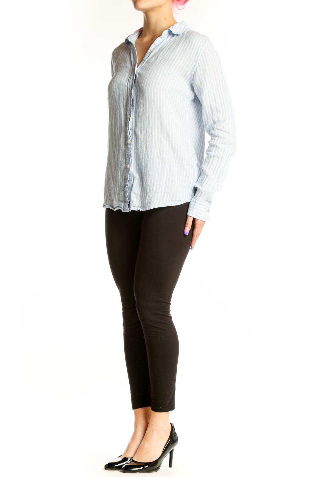 Blue and white striped linen button-up shirt front view on model, size S