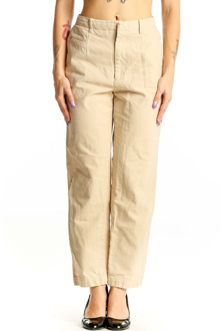 Front view of cream cotton blend chino pants with straight-leg fit and mid-rise waist