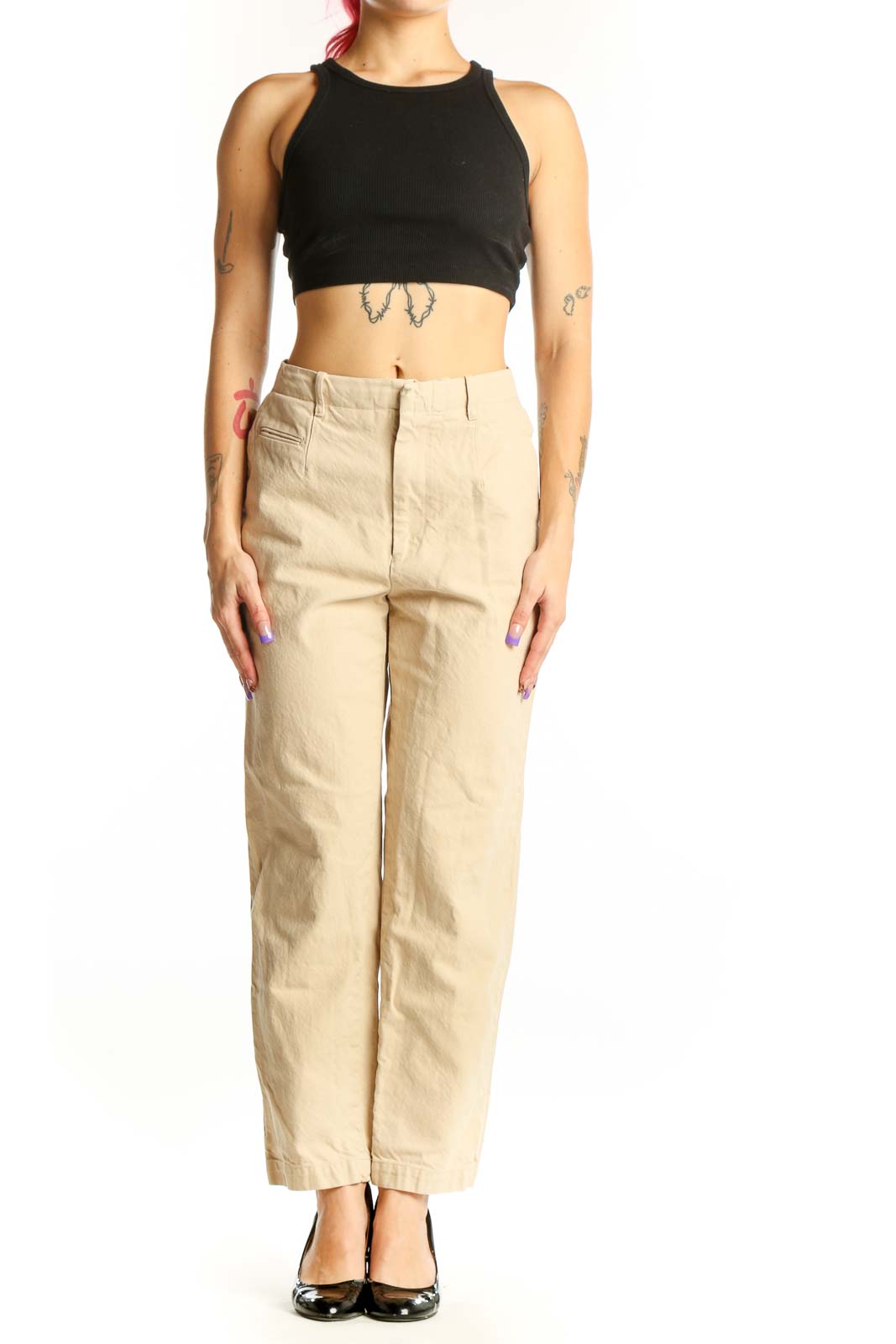 Front view of cream cotton blend chino pants with straight-leg fit and mid-rise waist