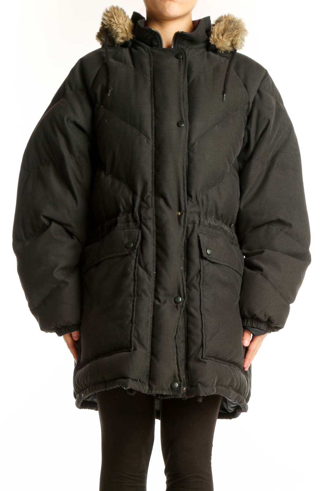 Black quilted puffer coat with faux fur-trimmed hood, front view