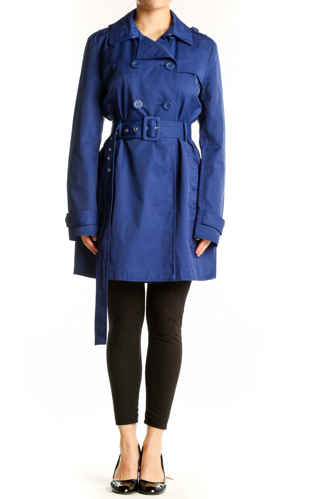 Navy double-breasted trench coat with belted waist and long sleeves, front view