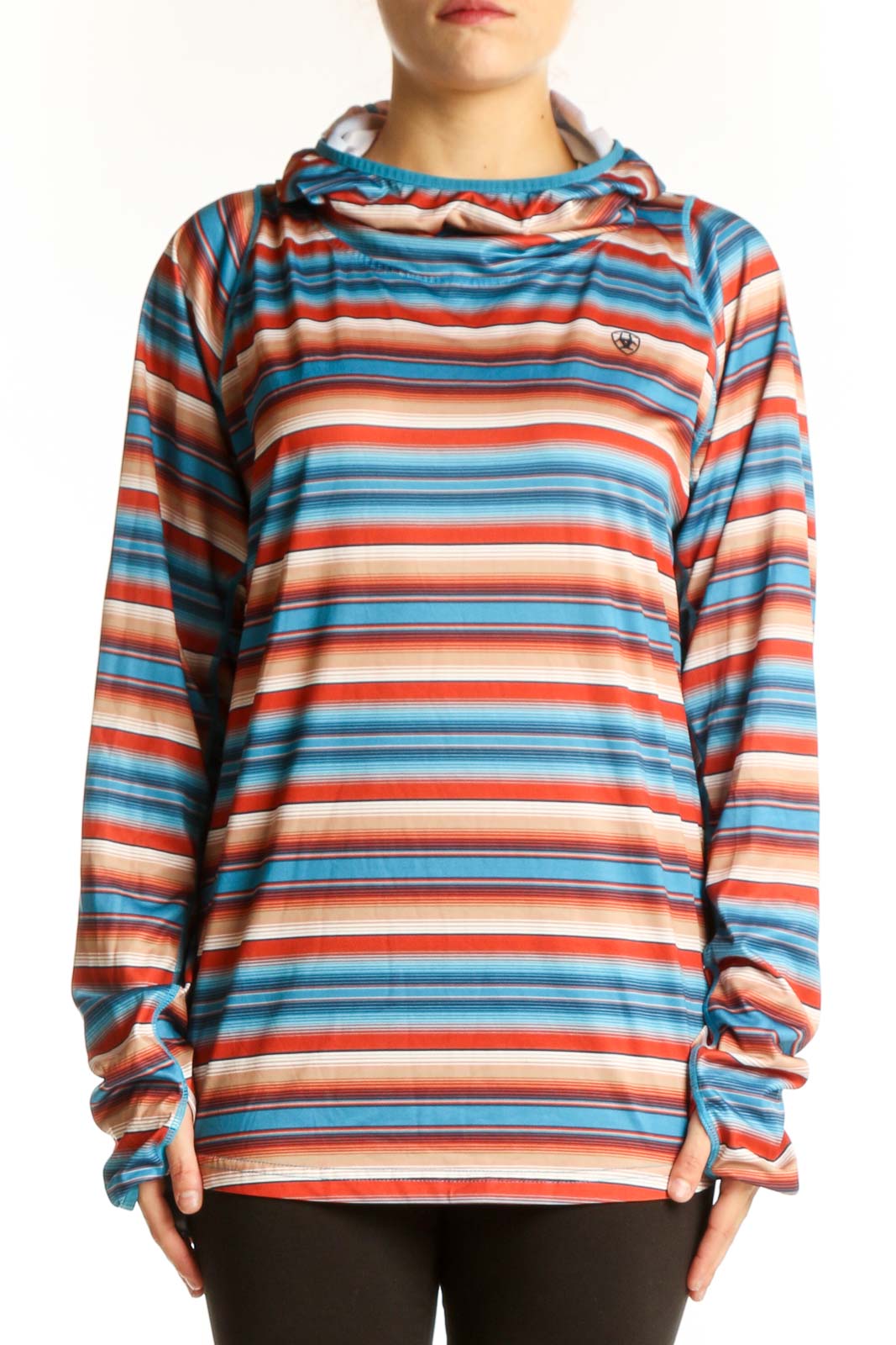 Front view of Ariat Blue and Orange Striped Performance Hoodie with cowl neck