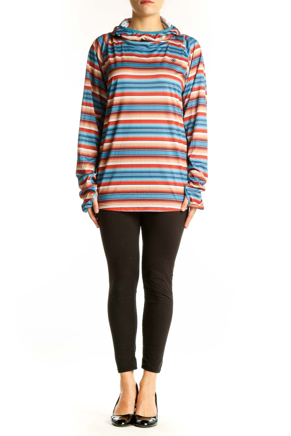 Front view of Ariat Blue and Orange Striped Performance Hoodie with cowl neck