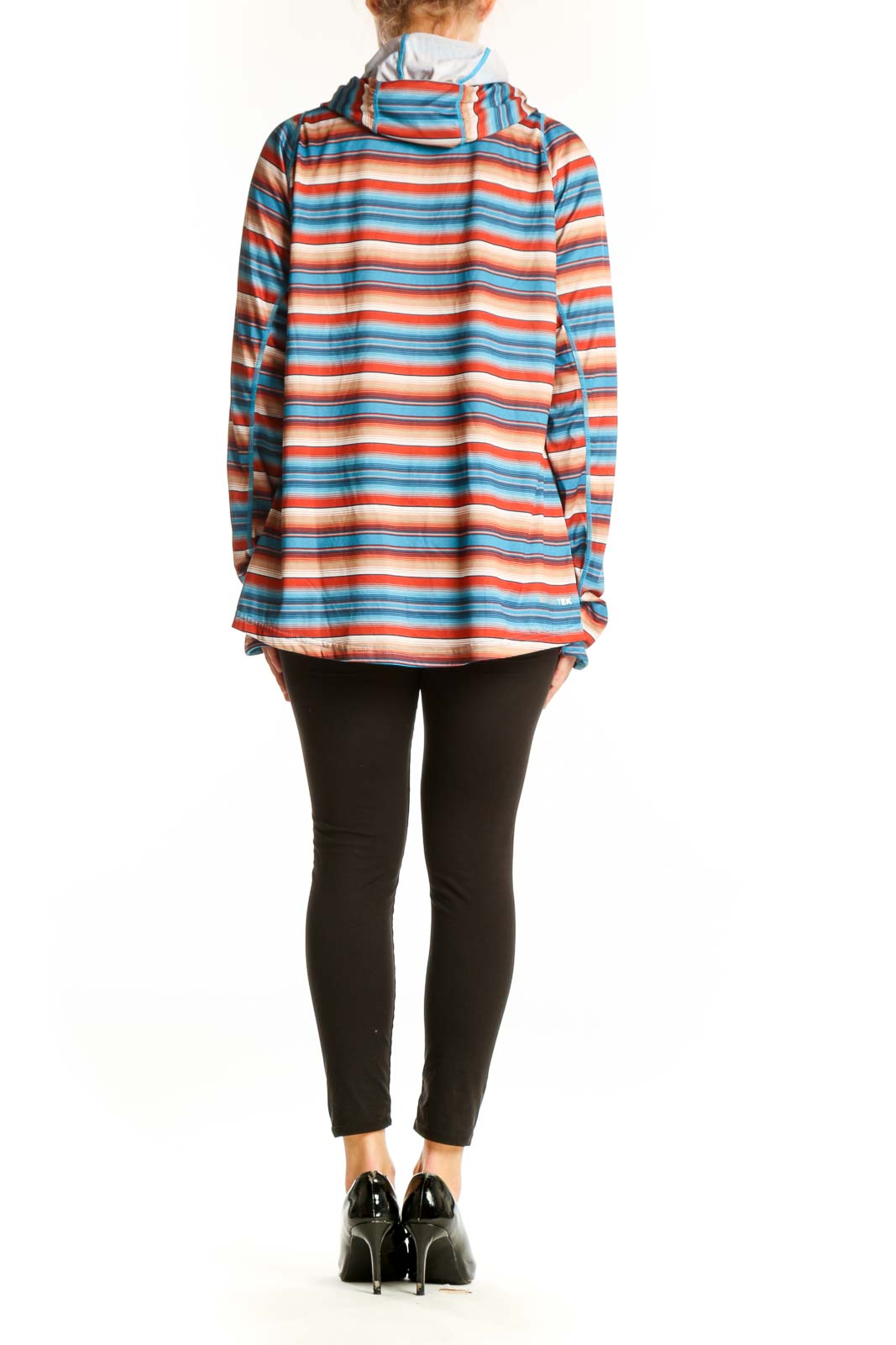 Back view of Ariat Blue and Orange Striped Performance Hoodie showing full length and fit