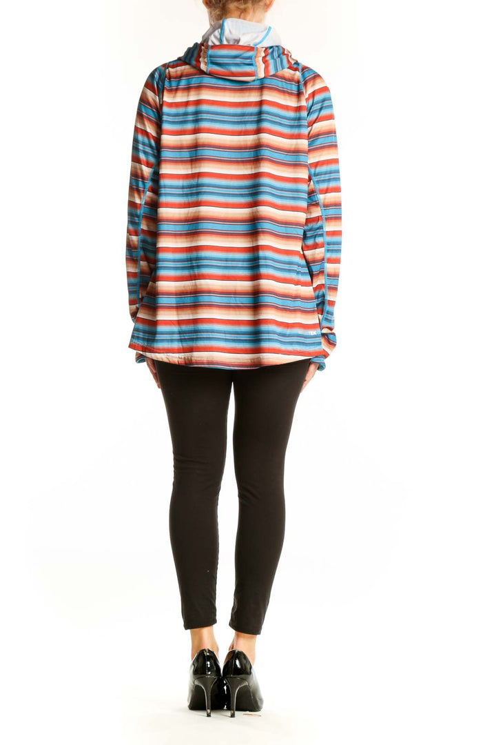 Back view of Ariat Blue and Orange Striped Performance Hoodie showing full length and fit