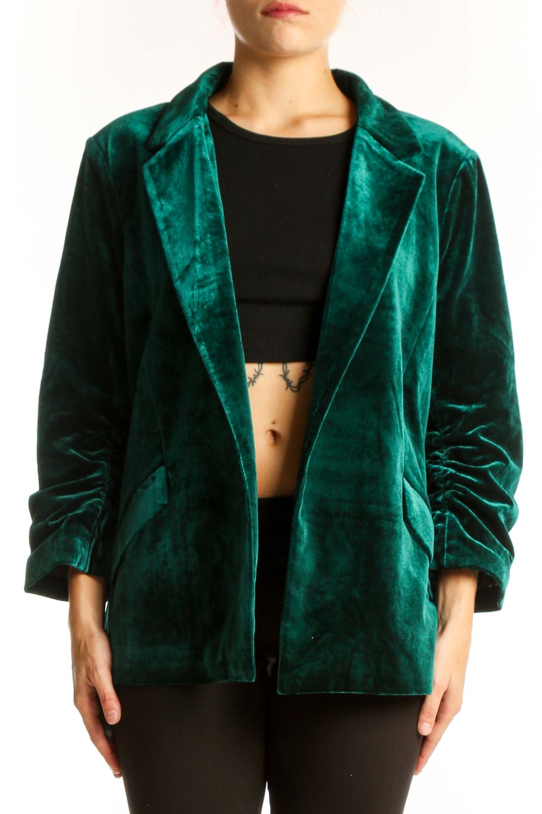 Front view of emerald green velvet blazer jacket by Skies Are Blue